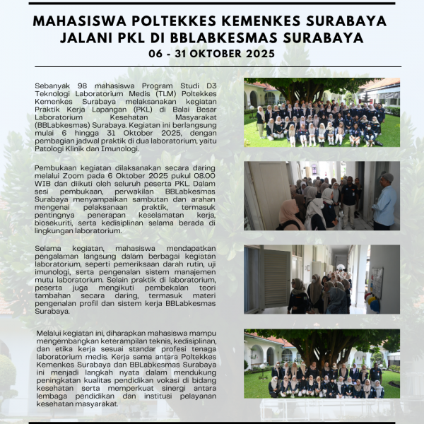 Mahasiswa Poltekkes Kemenkes Surabaya Jalani PKL di BBLabkesmas Surabaya